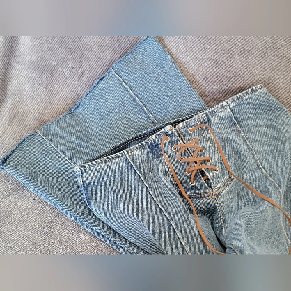 Soho Juniors sz 5/27 LIKE NEW Flare Hippy Boho Leather Vintage 70's Jeans Y2K - Picture 10 of 12
